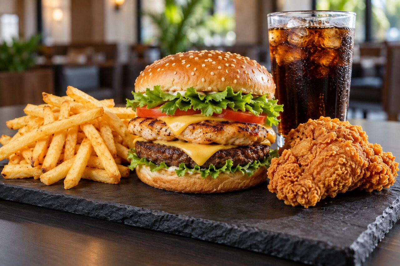 Package 4 - Special burger, soft drink, fries & 1 zinger piece