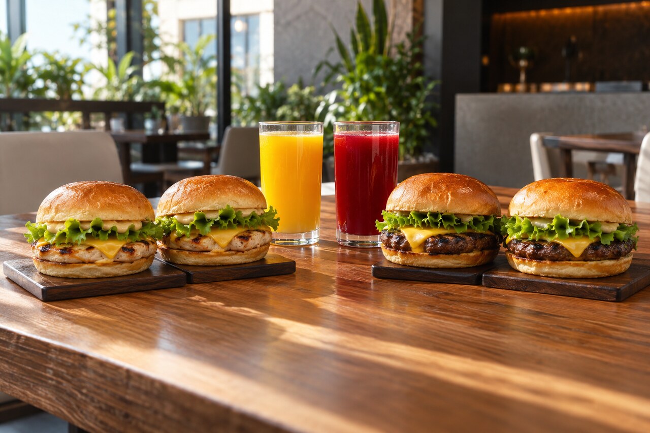 Package 8 - 2 chicken cheese burgers, 2 beef burgers & 2 juices