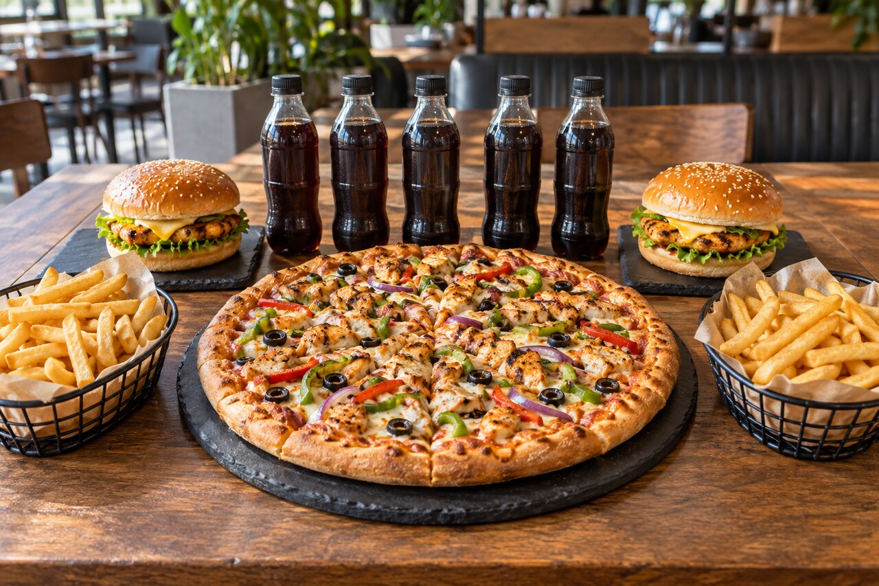 Package 3 - XL pizza, 5 soft drinks, 2 chicken burgers & double fries