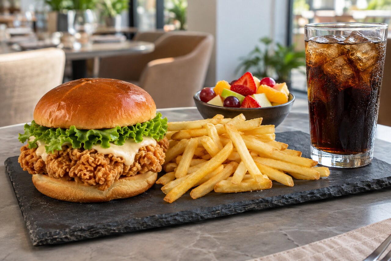 Package 5 - Zinger burger, soft drink, fries & fruit salad