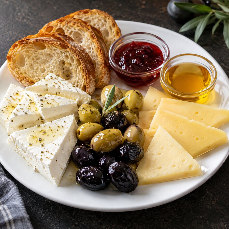 Cheese, olives, jam and honey