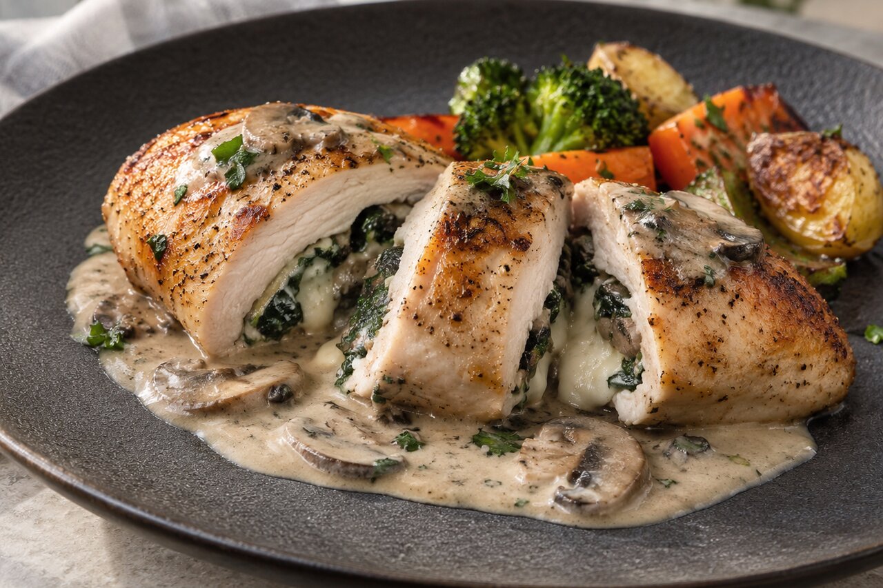Stuffed chicken with sauce